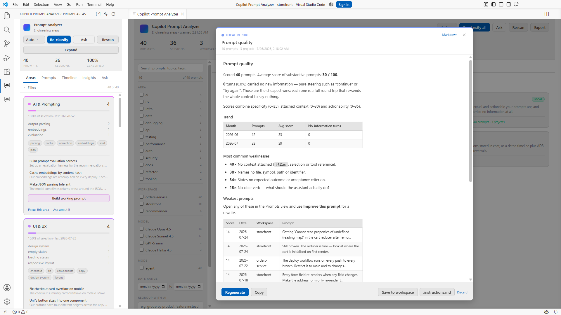 The prompt quality report, scoring requests for specificity, context and clarity.