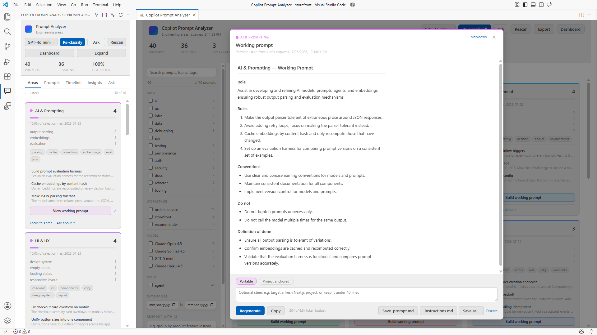 A generated working prompt showing Role, Rules, Conventions, Do not, and Definition of done sections.